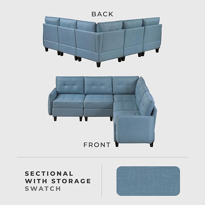 Lexicon L Shape Sectional Couch with Hidden Storage Textured Fabric Modular Sectional Sofa with Button-Tufted Design Reversible Back Cushion 5 Seater Large Sofa Blue