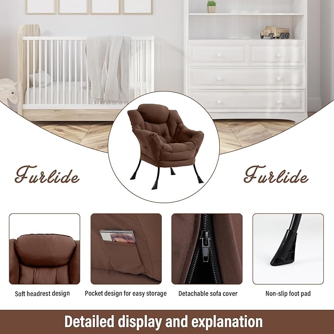 Lazy Chair for Living Room Modern Accent Chairs with Armrests Dark Brown Armchairs with Side Pocket Cozy Lazy Sofa for Reading Balcony Bedroom Dorm Small Spaces