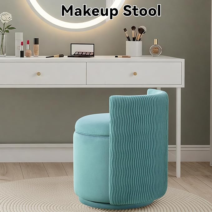 360° Swivel Velvet Vanity Chair with Storage Barrel Makeup Chair with Wave Back No Assembly Vanity Stool Small Accent Chair for Living Room Teal