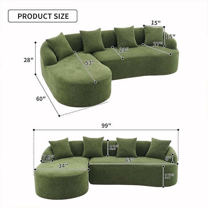 KEIKI L-Shaped Chenille Modular Sectional Couches with Chaise Lounge &amp 4 Pillows 3 Seater Oversized Upholstered Luxury Plush Cloud Sofa for Living Room Apartment Full Sponge Compression