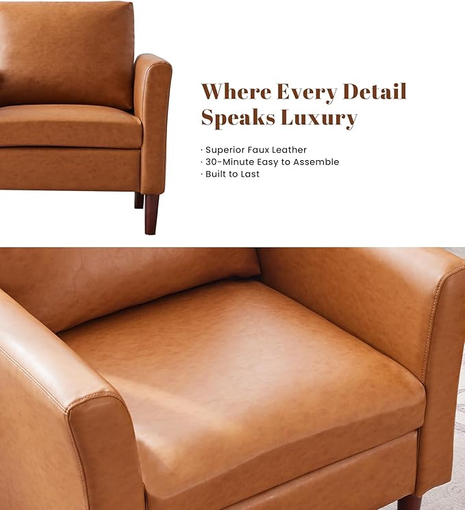 Kingfun Mid-Century Accent Chairs PU Leather Modern Upholstered Living Room Chair Cozy Armchair with Rolled Arms and Deep Seats Brown (Set of 2)