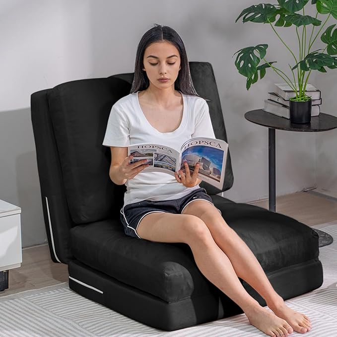 tantohom Floor Sofa Bean Bag Bed Foam Filling Fold Full Floor Mattress with Washable Soft Faux Fur Cover Floor Couch for Bedroom Living Room (Black Small)