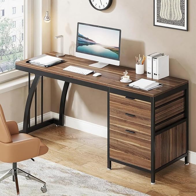 59'' Industrial Computer Desk with 3 Reversible Drawers Writing Workstation with File Storage for Home Office or Study Walnut