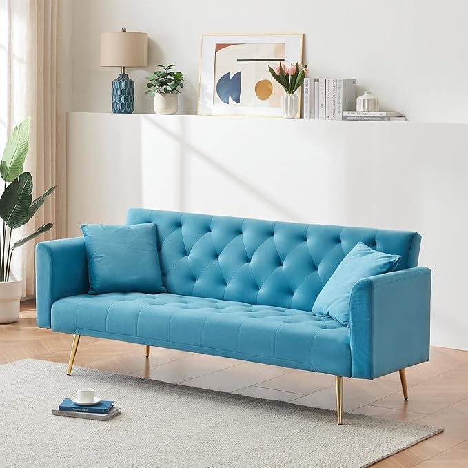 KINFFICT Velvet Futon Sofa Bed with 2 Pillows Convertible Sleeper Sofa Couch with 3 Angle Adjustable Backrest Modern Loveseat with 4 Golden Metal Legs for Living Room and Bedroom