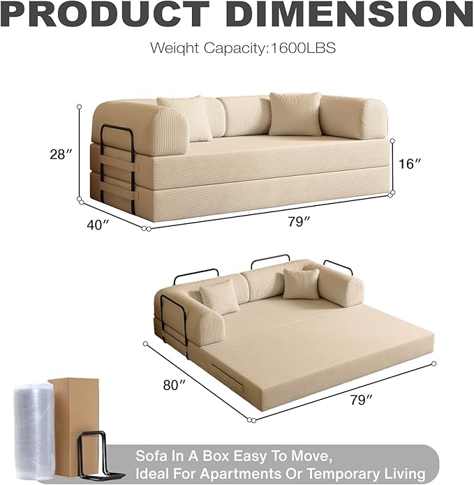 79'' Folding Sofa Bed 5-in-1 Convertible Sofa Bed BonelessComfy Foldable Foam Couch with Pillow Modular Floor Couch for Living RoomBedroomLounge - Corduroy Beige