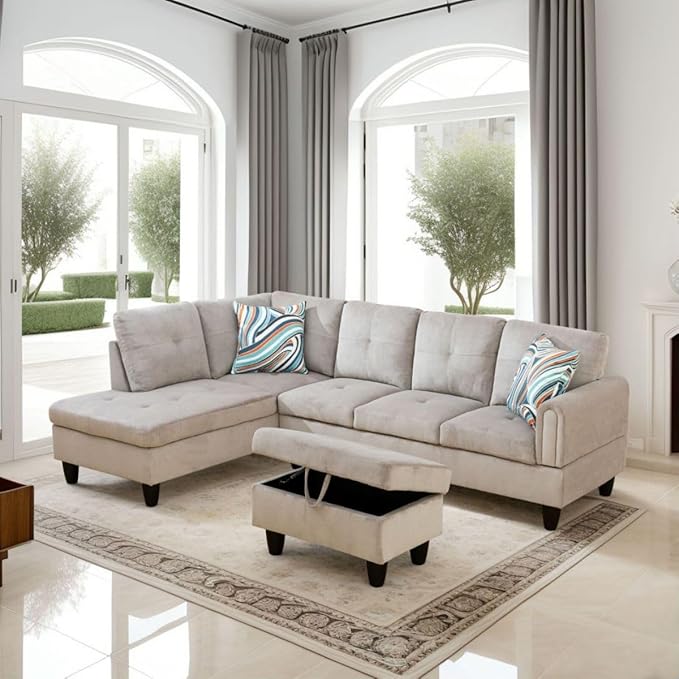Grey White L-Shaped 3-Piece Corduroy Sofa with Storage Ottoman Set Sectional Couch Sofa Set for Living Room Office Small Space
