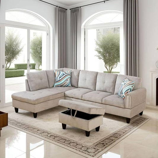 Grey White L-Shaped 3-Piece Corduroy Sofa with Storage Ottoman Set Sectional Couch Sofa Set for Living Room Office Small Space