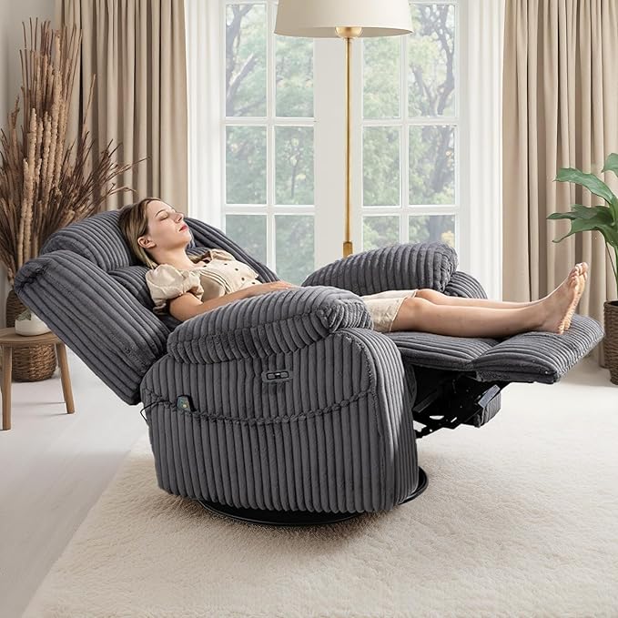 ERYE 41.8 Oversized Swivel Glider Rocker Chair Power Reclining Chair W/Vibration HeatUSB-C PortsModern Corduroy Upholstered Power Recliner Nursery Armchair Living Room
