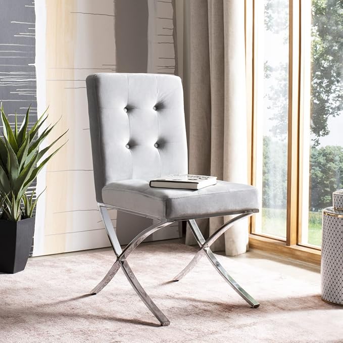 Safavieh Home Walsh Grey Velvet and Chrome Tufted Side Chair