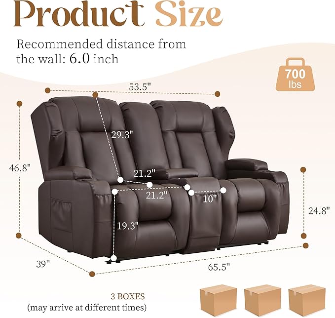 BINGTOO Manual Double Reclining Loveseat Sofa 2-Seater RV Wall Hugger Leather Couch for Living Room &amp Home Theater with Storage Console/Cup Holders/Side Pockets PU Brown
