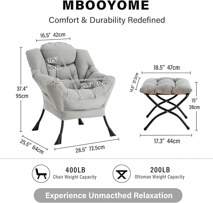 Lazy Chair with Folding Ottoman Modern Accent Lounge Armchair with Armrests and a Side Pocket &amp Foldable Footstool Leisure Reading Chair for Living Room Bedroom Dorm &amp Office Light Grey