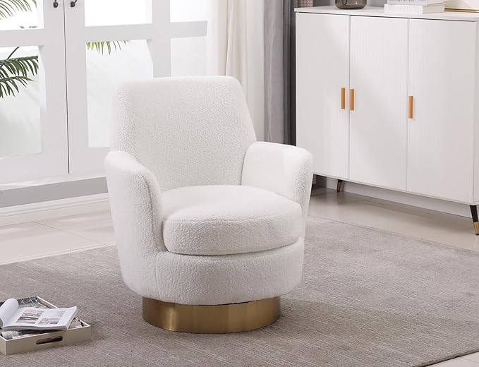KEIKI Teddy 360° Swivel Barrel Chair with Gold Stainless Steel Base Accent Round Single-seat Upholstered Reading Sofa Armchair for Nursery Reading Living Room Bedroom Lounge Hotel Ivory Teddy