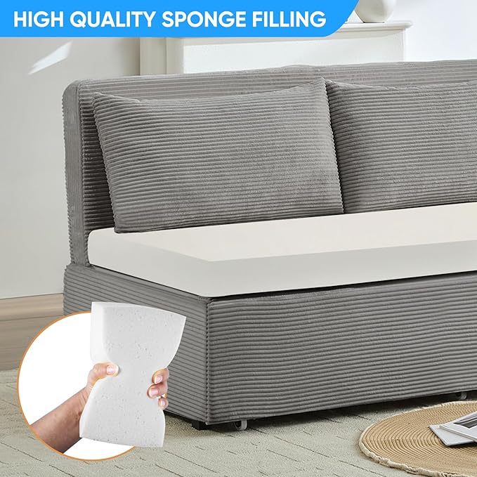 PUREMIND 3-in-1 Queen Size Pull Out Sofa Bed Convertible Corduroy Couch with Pillows and 3.9 Memory Foam Mattress Loveseat Sofa-Bed for Living Room Apartment (Light Grey)