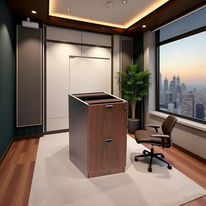 Mahogany Full Pedestal File Cabinet Two-Drawer Filing Unit Thermal Fused Melamine Construction Scratch-Resistant Finish Cam Lock Assembly System Leveling Glides