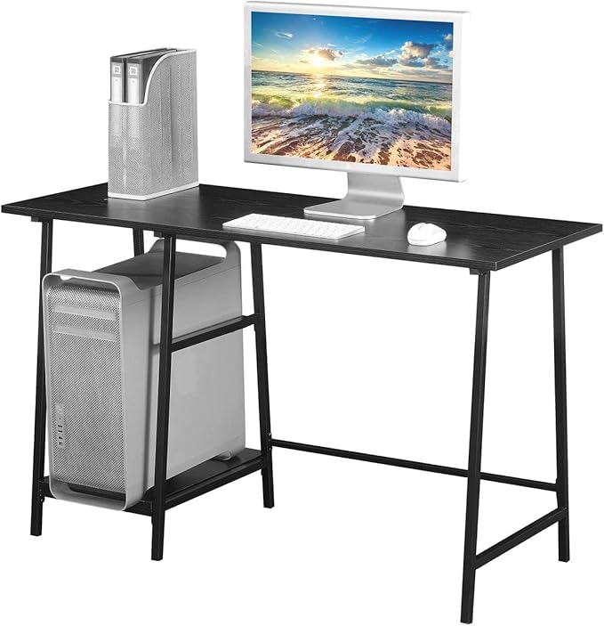 Pemberly Row Modern Trestle Wood Metal Desk Black Wood Grain Finish 47 in x 20 in x 29.25 in Particle Board and Powder Coated Metal Removable Shelves Home Office Workstation Desk