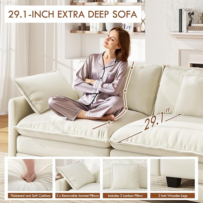 WorthFurni 111.4” Modular Sectional Sofa U Shape Cloud Couch with 2 Movable Ottoman Comfy Chenille Deep Seat Sofa with Soft Pillows for Apartment Living Room Bedroom（Beige）