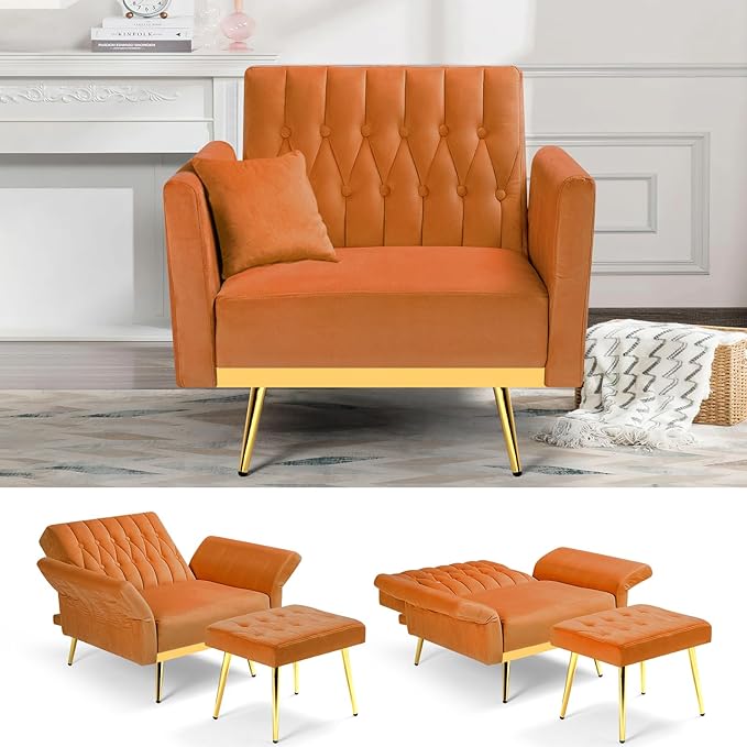Velvet Accent Chair with Adjustable Backrest and Armrests Single Recliner Armchair with Ottoman and Golden Mental Legs for Living Room Bedroom and Waiting Room Orange