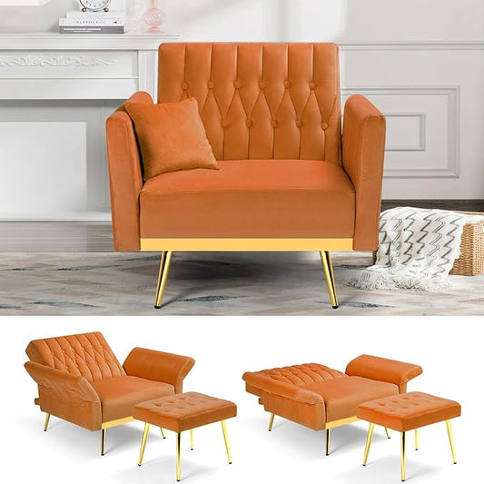 Velvet Accent Chair with Adjustable Backrest and Armrests Single Recliner Armchair with Ottoman and Golden Mental Legs for Living Room Bedroom and Waiting Room Orange