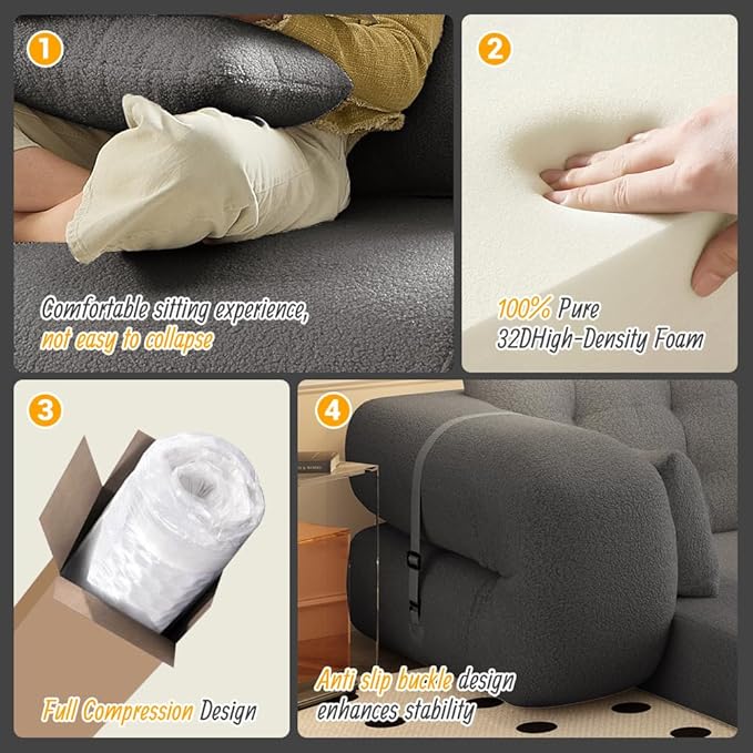 78.7 Folding Sofa Bed Queen Foldable Floor Futon Sofa Sleeper Convertible Boneless Mattress Loveseat Cloud Couch for Living Room Bedroom Lounge OfficeApartment and Small Spaces Grey Teddy