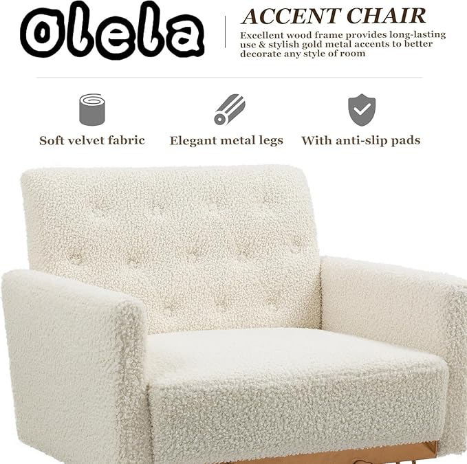 Olela Teddy Accent Chair with Arm for Living RoomModern Armchair Single Sofa Cozy Tufted Upholstered Reading Side Chairs with Gold Metal Leg for Bedroom Decorate (1 White -Teddy)