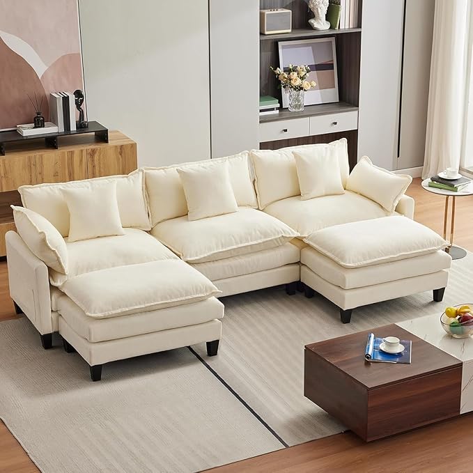 112 Modular Sectional Sofa U-Shape Cloud Couch/Deep Seat/Armrest/Plush Corduroy Fabric No Assembly Required Space-Saving 200 Pounds Chenille Combo Set with 2 Footstool for Living Room
