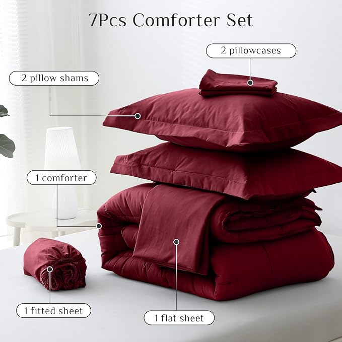 JOLLYVOGUE California King Comforter Set Ultra-Soft Bed in a Bag Cal King Size 7 Pieces Oeko-TEX Certified Bedding Set with Down Alternative Comforter Sheets Pillowcases &amp Shams Burgundy
