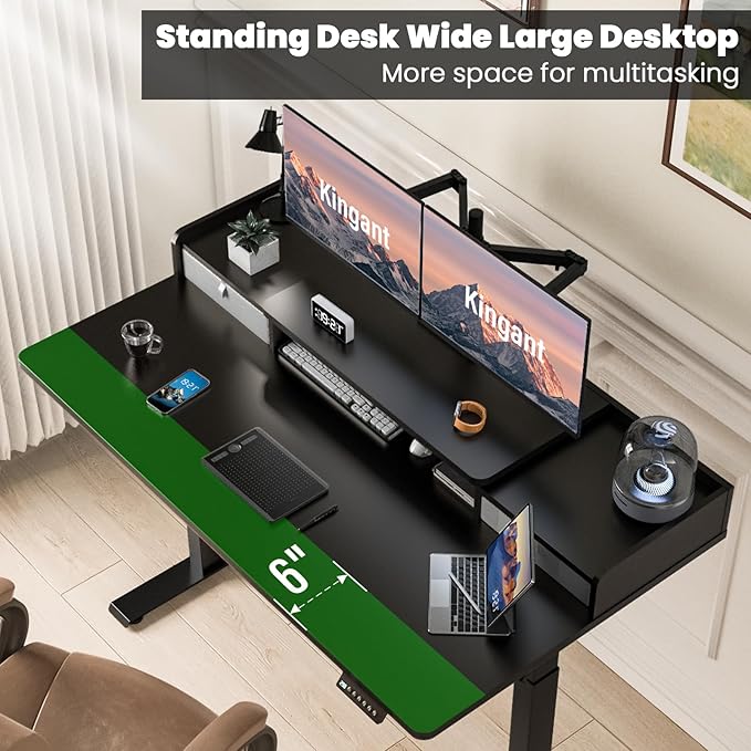 Kingant 63 x 30 Inch Electric Standing Desk with Dual Drawers Adjustable Height Computer Desk for Home Office Large Workstation Sit Stand Up Desk with Built-in Storage Shelf Black