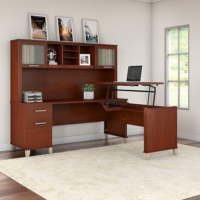 Bush Home Somerset 72W 3 Position Sit to Stand L Shaped Desk with Hutch in Hansen Cherry | Adjustable Height Table for Home Office