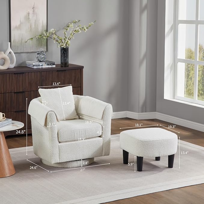 Swivel Accent Chair with Ottoman Modern Chenille Comfortable Bucket Chair with Removable Pillow Small Couch Barrel Armchair for Small Spaces Living Room Bedroom Office (White)