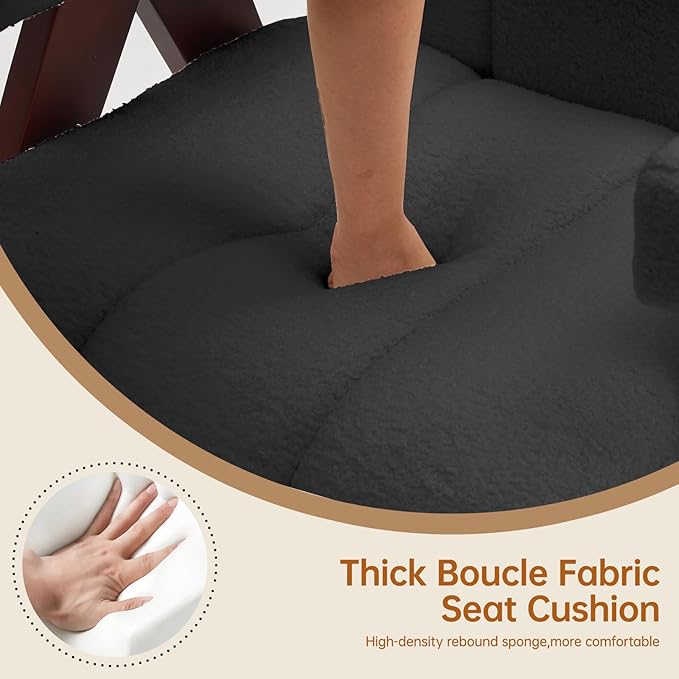 Accent Chair Mid-Century Modern with Wide Backrest for Bedroom Upholstered Living Room Chair with Wooden Lounge Armchair with Thick Cushion Cute Teddy Comfy Chair Dark Grey