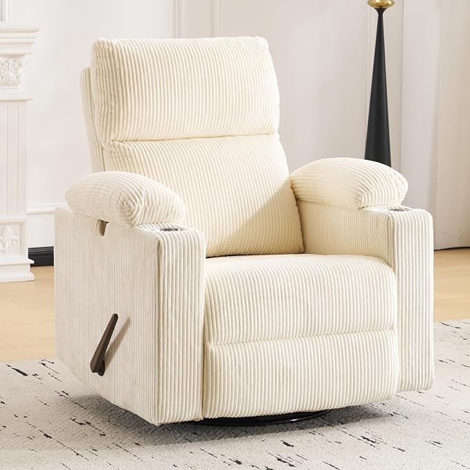 Swivel Rocker Recliner with Adjustable Armrests Rocking Nursery Chair with Adjustable Headrest Cup Holder Manual Recliner Nursing Chair for Breastfeeding Corduroy Beige
