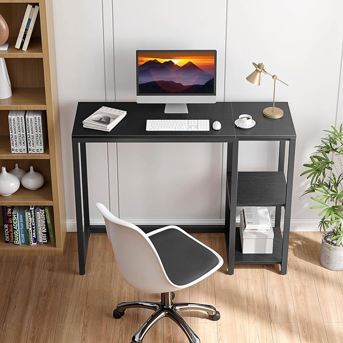 SINPAID Computer Desk 47 inches with 2-Tier Shelves Sturdy Home Office Desks with Large Storage Space Modern Gaming Desk Study Writing Laptop Table Black