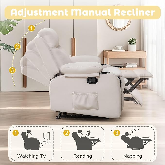 Manual Recliner Chair for Adults Small Recliners for Small Spaces Nursery Recliner with Adjustable Backrest Cup Holders and Side Pockets Reclining Chair for Living Room Beige
