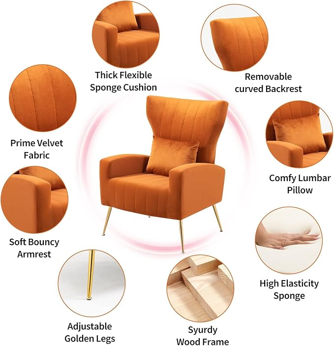 X-VOLSPORT Velvet Accent Chair Mid Century Modern High Back Living Room Chair with Waist Pillow Upholstered Arm Chair with Metal Gold Legs for Bedroom Club Orange