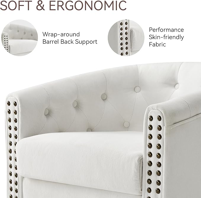 Swivel Barrel Accent Chair Chenille Fabric Living Room Chairs Modern Comfty Reading Chairs for Bedroom Small Club Armchair Single Sofa Side Chair Nailhead Trim Ivory White