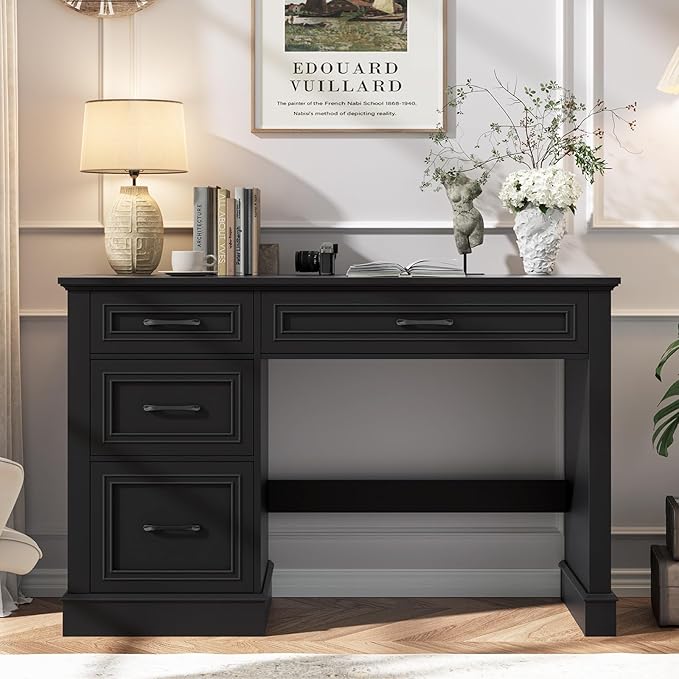Farmhouse 47 Executive Desk with 3 Drawers and Adjustable File Drawer Workspace for Home Office and Study Pure Black.