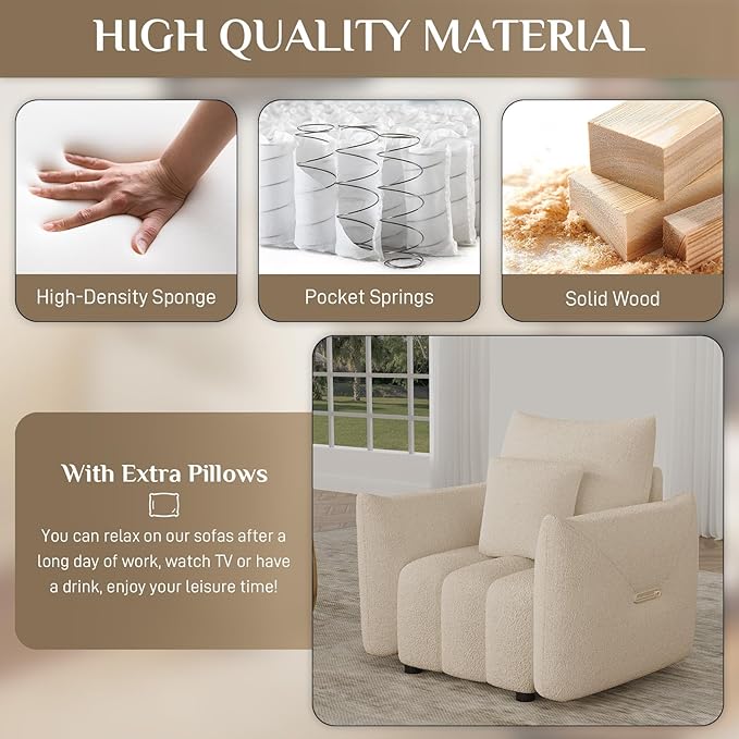OUYESSIR 38 Modern Accent Single Sofa Chair Comfy Deep Seat Teddy Living Room Chair Leisure Boucle Reading Sofa Arm Chair for Bedroom Office Apartment Light Brown