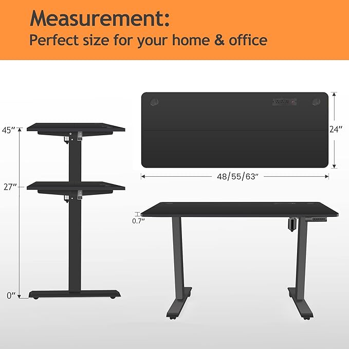 Electric Standing Desk 55x24in Adjustable Height Computer Desk with Wheels Sit-Stand Desk with Charging Station 2 USB Ports 3 Power Outlets Spacious Workstation for Home Office(Black)