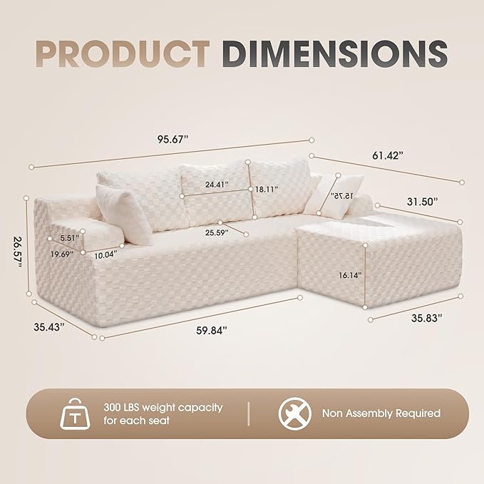 Modular Sectional Sofa Couches L-Shape Couch 3 Seat Modular Sofa Memory Foam Sectional Couches for Living Room Cloud Couch with Oversized Chaise (White Check 96 Right Facing Chaise)