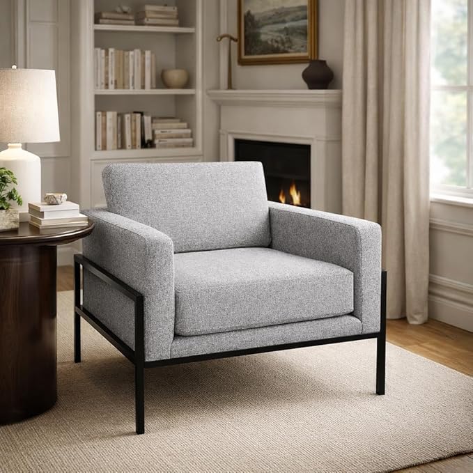 HomePop Modern Metal Frame Accent Chair|Homepop Home Décor|Accent Chairs for Living Room &amp Bedroom - Sustainable Gray Woven