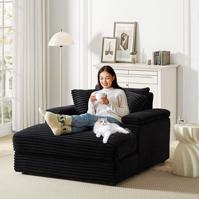 Chaise Lounge Chair Indoor 44 Inch Comfy Corduroy Sectional Cloud Couch Upholstered Single Sofa w/Movable Ottoman for Living Room Bedroom Apartment Black