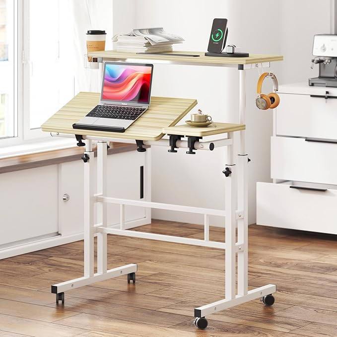SDHYL 31.5 inches Movable Laptop Desk with Mouse Board Adjustable Height and Angle Anti-Slip Workstation Home Office Desk with Tablet Slot Portable Student Desk Maple