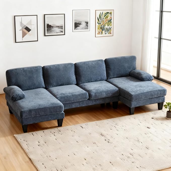 Karl home 111 Sectional Sofa U-Shaped 4-Seat Couch with Chaises Wood Grian Legs Chenille Fabric Upholstered for Living Room Apartment Office Navy Blue