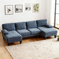Karl home 111 Sectional Sofa U-Shaped 4-Seat Couch with Chaises Wood Grian Legs Chenille Fabric Upholstered for Living Room Apartment Office Navy Blue
