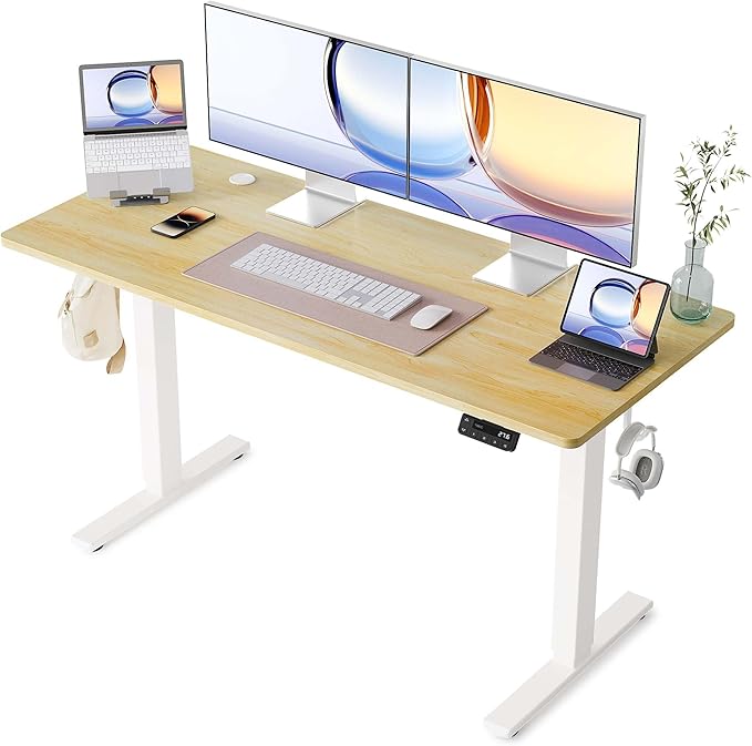 YIHAYO Electric Standing Desk 55 x 24 Inches Stand Up Desk with Splice Board Adjustable Height Desk Computer Desk for Home Office White Frame/Natural Top