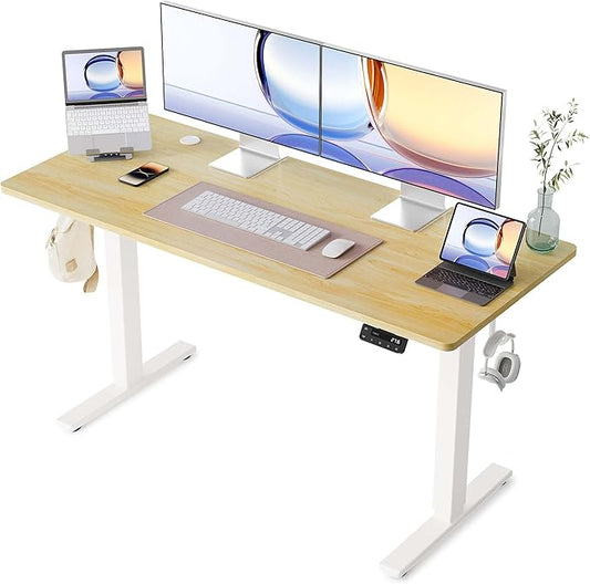 YIHAYO Electric Standing Desk 55 x 24 Inches Stand Up Desk with Splice Board Adjustable Height Desk Computer Desk for Home Office White Frame/Natural Top