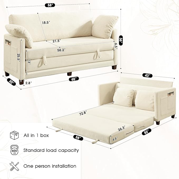 65 Convertible Loveseat Sofa Bed 2-in-1 Folding Sofa Bed with 2 Pillow for Small Spaces Modern Sleeper Couch for Apartment Living Room &amp Guest Room (Corduroy Beige 65 inch)