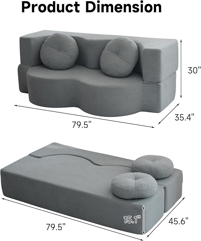 2-in-1 Convertible Folding Sofa Bed Sleeper Sofa with Pillow Teddy Fabric High-Density Foam Floor Mattress Sleeper for Living Room Guest Use Office Apartment No Assembly Required (Grey)