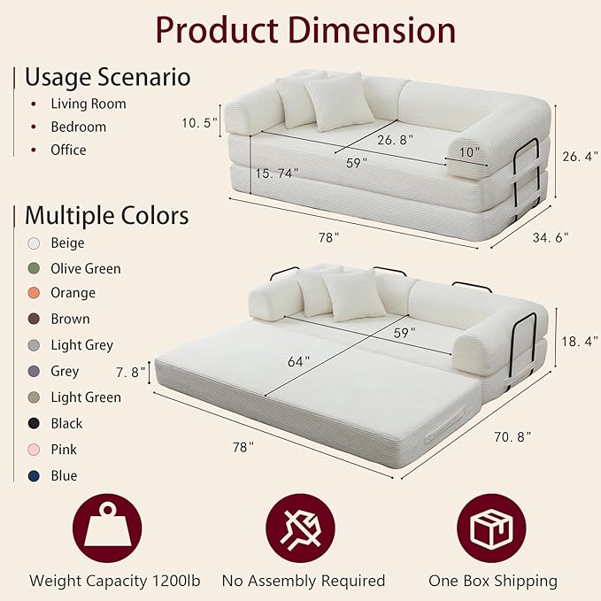 JJJ 78 inch Sofa Bed 4-in-1 Boneless Convertible Corduroy Sleeper Folding Couch with Fixed-Shape Frame and 2 Pillows Futons No-Assembly 3 Seater Upholstered for Living Room (Beige 78 inch)