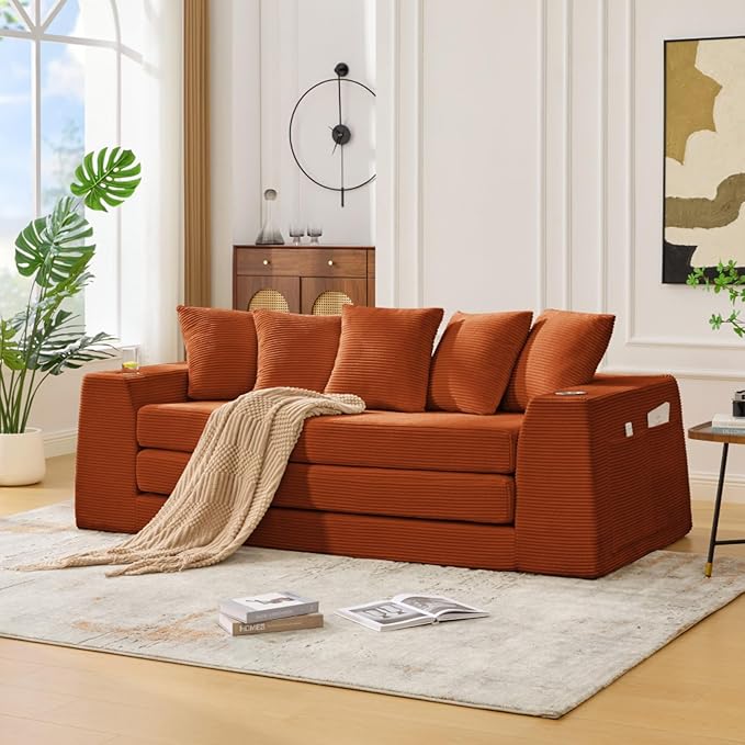82.25 Convertible Loveseat Sleeper Sofa Bed with Side Pocket 2 in 1 Corduroy Pull Out Bed with 5 Pillows Boneless Couch with 2 Cup Holders and Wide Armrest No Assembly Orange
